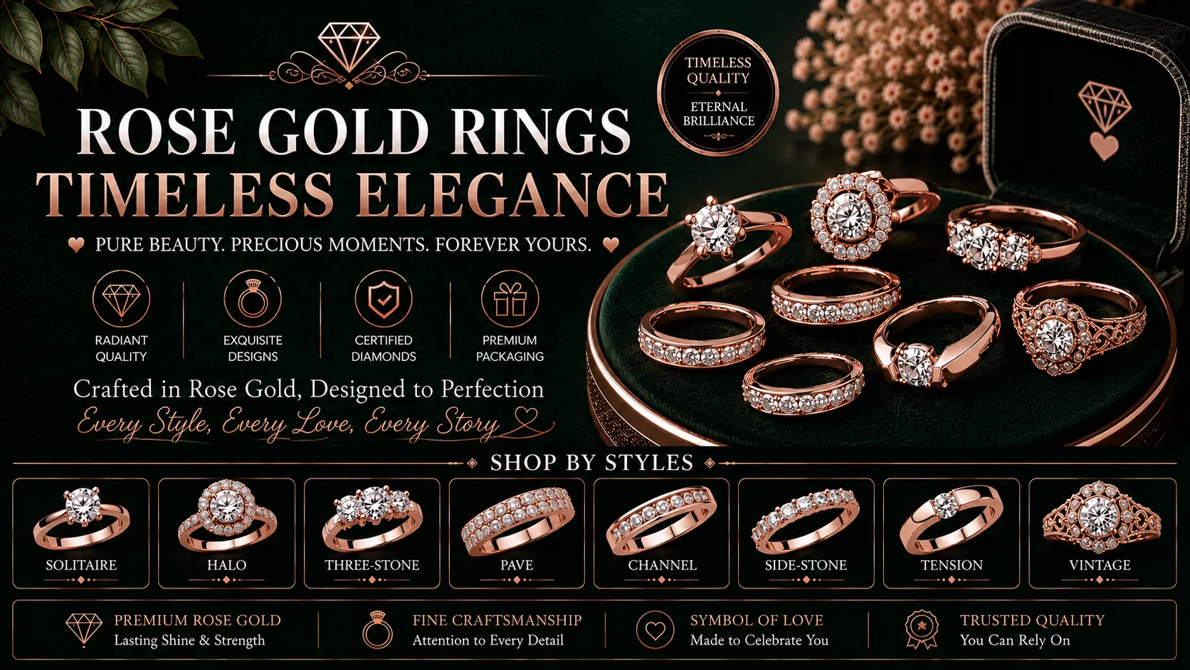 Elegant rose gold rings in modern and classic designs