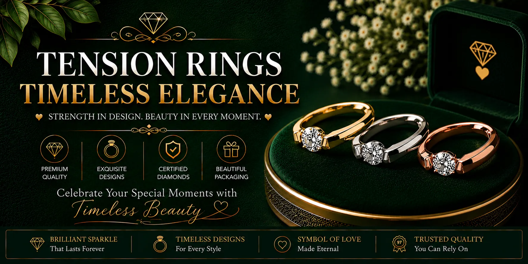 Luxury diamond tension ring with floating solitaire gemstone crafted by StuddedBay.